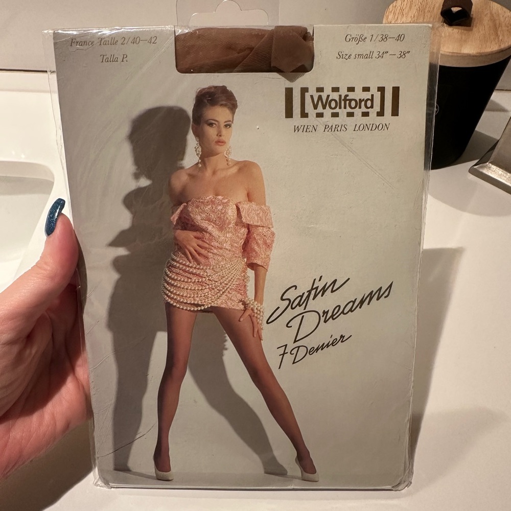 VTG Wolford Satin Dreams 7 Denier Sheer Pantyhose Tights French 2 US S Caramel